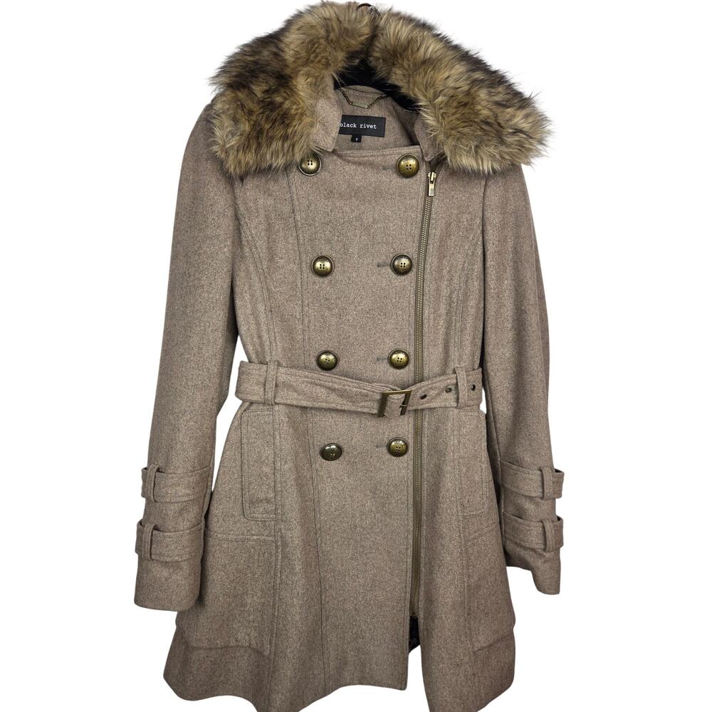 Black Rivet Women's S, Tobacco Wool Blend, Faux Fur, Belted Military, Y2K Coat